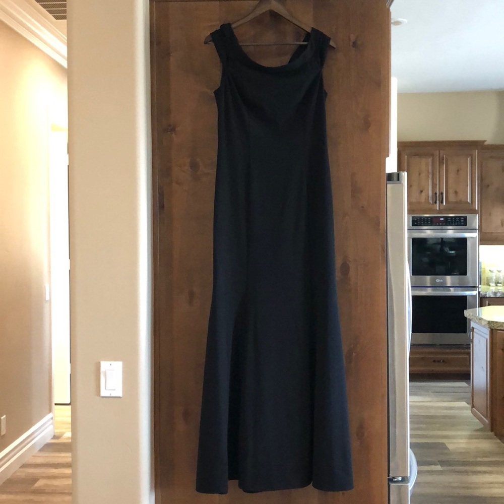 Black evening gown with transparent cap sleeves